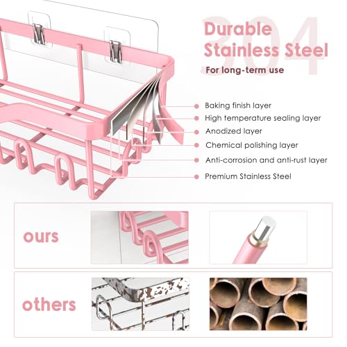 NESOMI Shower Caddy Adhesive Shower Organizer 7-Pack, Rustproof Stainless Steel Bathroom Shelves, Large Capacity No-Drill Rack Storage Accessories with Soap Dish Toothbrush Holder Hooks - color: Pink, size: 7-Piece Set