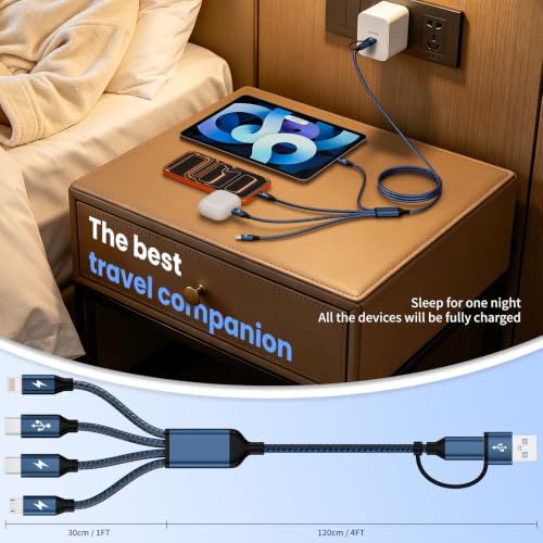 MPATIBY 4 in 2 Multi Charging Cable, 1 Pack 5FT Dual Input Charging Cords | USB A & USB C Inputs with Dual USB C, IP & Micro Outputs, Travel Essentials, Phone Charger for Multiple Devices - color: Navyblue, size: 1Pack5FT