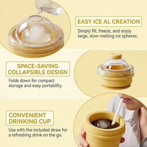 Ice Maker Cup, 2-in-1 Foldable Silicone Ice Ball Maker Cup, One Glass Ice Maker, Reusable Portable Ice Sphere Mold with Straw and Lid (yellow) - color: Yellow