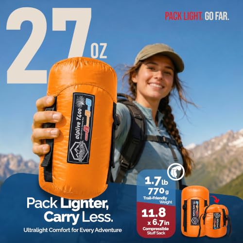 ZOOOBELIVES Ultralight Down Sleeping Bag for Adults, 27 oz 650 Fill Power, 50°F Comfort, 32°F Lower Limit, Lightweight 3-Season Backpacking Camping Bag with Compression Sack, AlpliveT400 - color: Orange