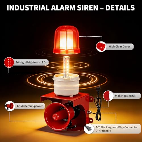 AC110V Industrial Siren Alarm Strobe Light-120dB Loud Horn&Red Beacon Warning Light,Waterproof Indoor/Outdoor Safety Alarm for Emergency,Factory,Office,Fires,Tornado,Intruders,Animal Deterrent - style: Basic (Always On) – 120dB