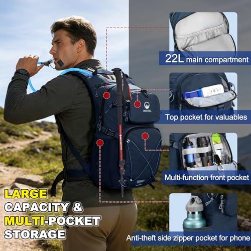 Hydration Backpack 22L, Hiking Backpack with 2L Leakproof Bladder, Sewn-in Rain Cover, Insulated Compartment for Men & Women Running, Cycling, Camping - color: Navy Blue