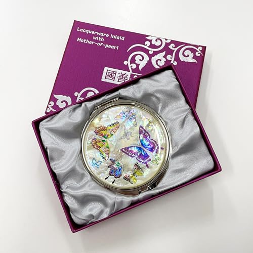 Portable Makeup Compact Double Magnifying Mirror Cosmestic Foldable Pocket Style Unique Mother of Pearl Design (Butterfly) - color: Butterfly