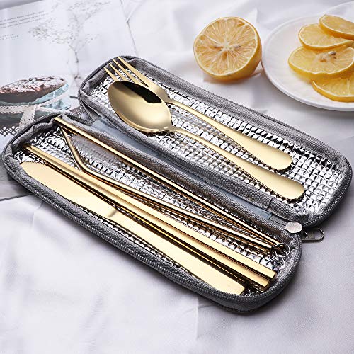 Portable Stainless Steel Flatware Set, Travel Camping Cutlery Set, Portable Utensil Travel Silverware Dinnerware Set with a Waterproof Case (Gold) - color: Gold