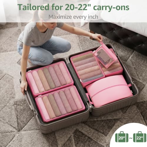 7 Set Compression Packing Cubes for Travel Essentials Suitcase, Collapsible Mesh Packing Cubes for 20-22 inch Carry On Luggage, Expandable Travel Packing Organizers with Laundry Shoe Bag(Pink) - color: 1-Pink, size: 7 Set (For Carry-On/Medium)