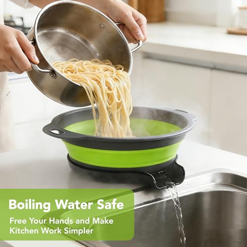 Collapsible Colander Set of 3 with Kitchen Counter Self-draining Base, Round Silicone Food Foldable Strainer for Cooking Pasta, Vegetables and Fruit (3QT, 4QT and 5QT) - color: Multicolor