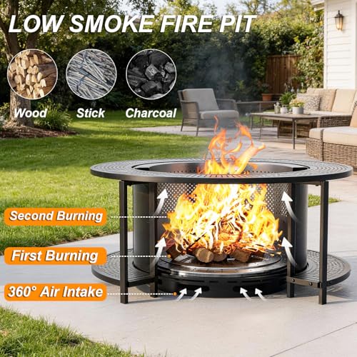 Gotland 37inch Smokeless Outdoor Fire Pit, Larger Round Metal Firepit with Lid Fire Poker Waterproof Cover, 2 in 1 Outdoor Fireplace, Fire Pits for Outside Wood Burning, BBQ, Camping, Heating, Bonfire - size: 37 inch
