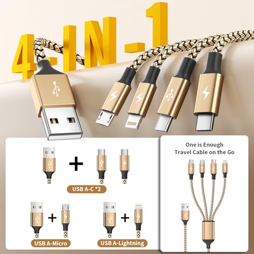 4 in 1 Dual Type C Multi Charging Cable, Charging Cord for Multiple Devices | 2Pack 5FT USB Charging Cable with 2 USB C/IP/Micro USB Charger, Phone Charger for iPhone 17-8/ Android/Pad and More,Lake Blue - color: Gold