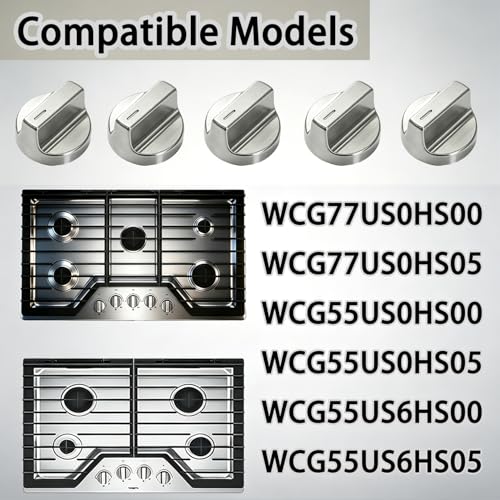 Upgraded W11366438 Stove Control Knobs (5-piece Set) - Kitchen Auxiliary StoveCompatible with Whirlpool WCG55US0HS00 WCG55US6HS00 WCG55US6HS00, KIP5T08 W10850010 Gas Stove Knobs