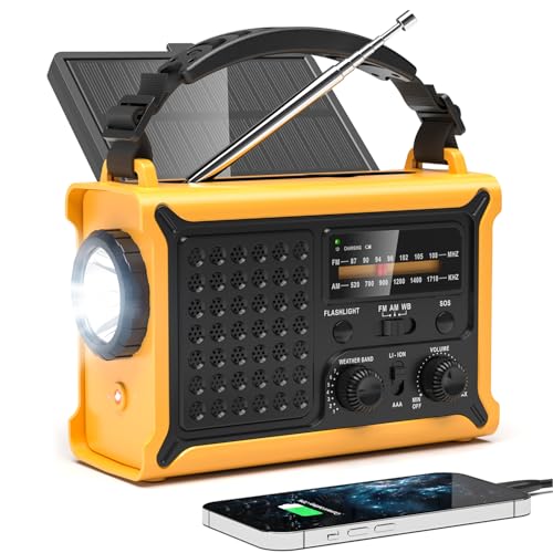 NOAA Weather Radio, 12000mAh Emergency Portable Radio, Hand Crank & Solar - color: Yellow