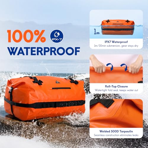 Haimont IPX7 Waterproof Roll-Top Dry Duffel Backpack | 60L/90L Sizes, 500D Tarpaulin, Welded Seams, Mesh Pockets, Boating & Kayaking - color: Orange, size: 60L