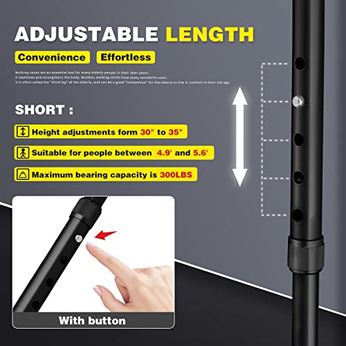 BigAlex Folding Walking Cane with LED Light,Pivoting Quad Base,Adjustable Walking Stick with Carrying Bag for Man/Woman (Alloy Base) - color: Black(30"-35")