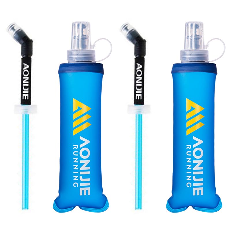AONIJIE TPU Soft Flask Water Bottle Collapsible Running Flask for Hydration Pack, BPA Free, Wide Opening, for Outdoor Sports Hydration - color: C#250ml with straw- 2Pcs