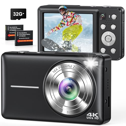 4K Digital Camera with Selfie Lens 64MP Compact Camera with 32GB Card Black | Vlogging Camera with Flash,16X Zoom Easy for Beginner. 2 Batteries for Instant use. Ideal Birthday, Party & Travel - color: Black