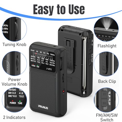 PRUNUS J211 Portable Radio AM FM, USB C Charging and AA Battery Operated - color: Black