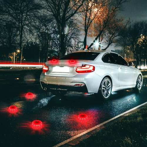4 Pack LED Road Flares Emergency Light Kit 9 Glow Modes Flashing Safety Warning Beacon Magnet Hook Vehicle Boat Truck Disc Magnetic Flash Cars Security Driveway Automotive Strobe(Red) - color: Red