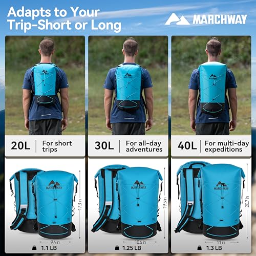 MARCHWAY Floating Roll Top Dry Bag, Flexible Lightweight TPU-coated Nylon Waterproof Backpack 20L/30L/40L with Padded Straps for Boating, Kayaking, Swimming, Hiking, Beach (Blue, 40L) - color: Blue, size: 40L
