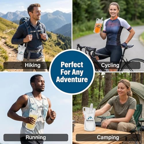 Quinnsus 2-Pack 1L Collapsible Water Bottles, 33oz BPA-Free Reusable Plastic Flasks, Foldable Backpacking Water Bottle Bag for Traveling, Hiking, Camping, Running