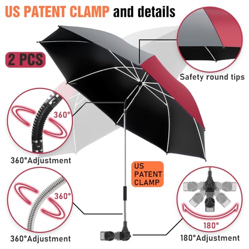 2 Pack Beach Umbrella with 360 Universal Clamp, UPF50+ Umbrella Outdoor Patio Sun Protection for Chairs, Beach &Patio Use (Not Include Chair) - color: Grey / Wine Red
