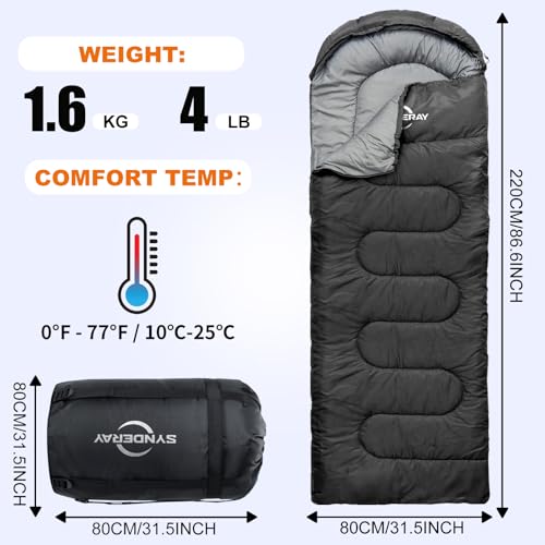 Sleeping Bags for Adults Cold Weather & Warm - Backpacking Camping Sleeping Bag Girls Boys - Lightweight Compact with Compression Sack - color: 50-80°F Everyday 3 Season-Black
