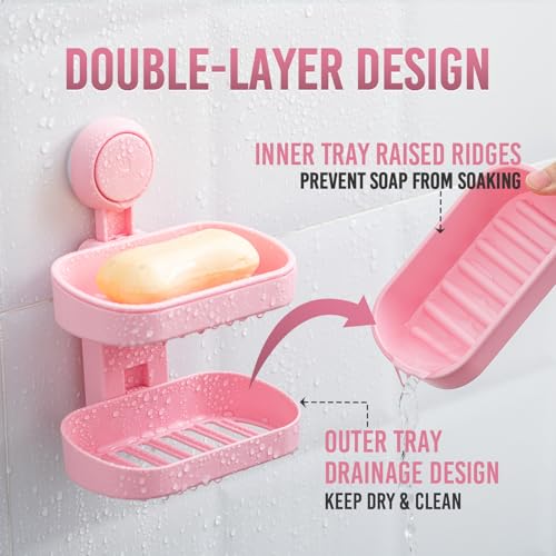 TAILI Soap Holder, Soap Dish for Shower Suction Cup, Bar Soap Holder, Pink | Removable Soap Holder Shower, Soap Tray for Shower Wall, No drill Sponge Holder, Bathroom & Kitchen, Bath Accessories - color: Pink, size: 2 Tier
