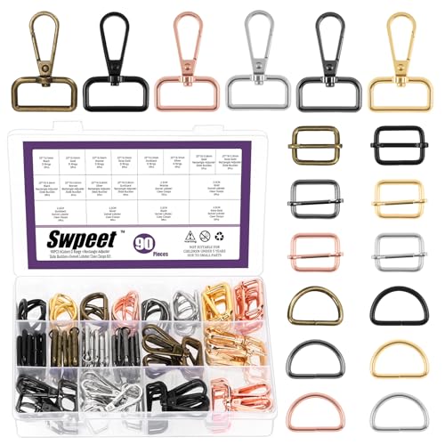 Swpeet 90Pcs 6 Colors 25MM Metal D Ring & Rectangle Adjuster Triglides Slides Buckle & D Ring Swivel Lobster Clasp Kit, Semi-Circular D Rings Roller Pin Buckles Swivel Snap Hook for Belt DIY Crafts - style: 2.5cm