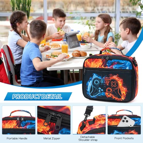 DIGOBAY Insulated Lunch Box for Kids Boys Cool Luminous Gamer Lunch Bag - color: Yellow-Blue Flame