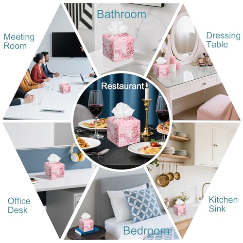 Pink Cherry Tissue Box Holder,Spring Blossom Square Leather Tissue Box Cover with Bottom Belt,Waterproof Modern Napkin Holder Organizer for Car Bathroom Vanity Office Tabletop,5.2" x 5.2" x 5.2" - color: Pink Cherry