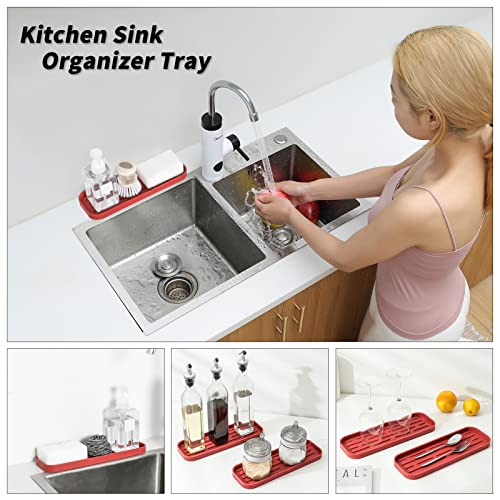 MicoYang Silicone Kitchen Sink Organizer Tray for Multiple Usage,Eco-Friendly Sponges Holder for Kitchen Bathroom Counter or Sink,Dish Soap Dispenser,Scrubber,Bottle,Cup (Red, 12"×4") - color: Red, size: 12" x 4" x 0.7"
