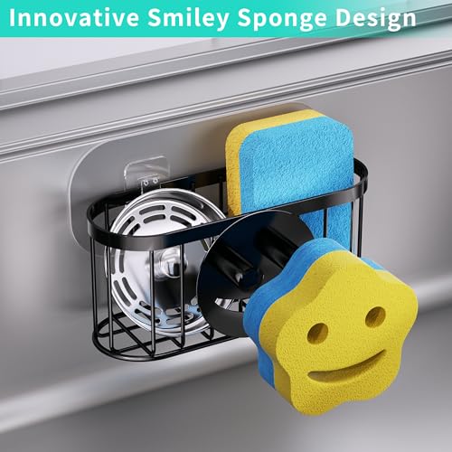 HapiRm Sink Caddy Sponge Holder - 2 Installation Ways Kitchen Sink Organizer with Smiley Face Sponge Holder, Stainless Steel Kitchen Caddy - Black - color: Black, size: with Smiley Sponge Holder