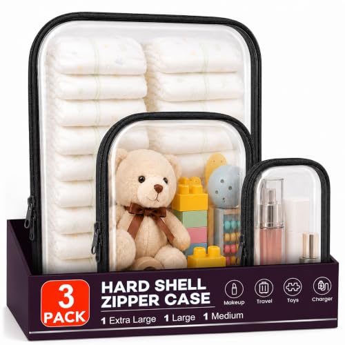 3 Pack Clear Hard Shell Zipper Case (1XL + 1L + 1M, Black) | Travel Toiletry Bag, Waterproof 1.2mm PET Hard Plastic Pouches, Organizer Box for Makeup, Toy, Snack, Stationery, Diaper - color: Black(XL+L+M)