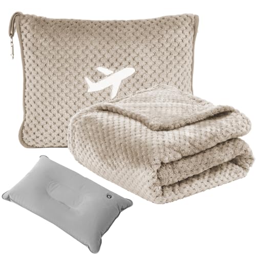 Travel Blanket Airplane Compact with Bag, Travel Essentials 3 in 1 Packable Airplane Blanket, Travel Pillow and Blanket Set, Inflatable Pillow, Luggage Sleeve & Backpack Clip (Camel) - color: Camel