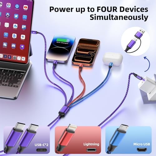 USB C/A Multi Charger Cable, 4 in 2 Charging Cords for Multiple Devices | 2 Pack 5FT Multi Charger Cable with 2 Type-C, IP, Micro USB Cable, Phone Charger Cord for iPhone 17-8, Android, iPad, Galaxy - color: Black_Purple