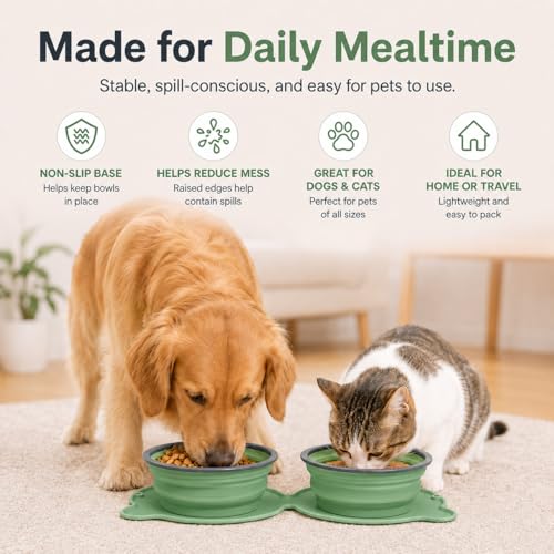 Collapsible Dog Bowls, 2-in-1 Silicone Pet Food and Water Bowl with Carabiner - Portable Double Compartment Travel Dish for Dogs, Ideal for Camping, Hiking, Car Rides, Puppy Essentials(Green) - color: Green