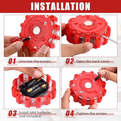 4 Pack LED Road Flares Emergency Light Kit 9 Glow Modes Flashing Safety Warning Beacon Magnet Hook Vehicle Boat Truck Disc Magnetic Flash Cars Security Driveway Automotive Strobe(Red) - color: Red