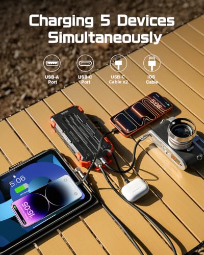 GOODaaa Solar Power Bank 24000mAh, Portable Charger with 4 Built-in Cables, Fast Charging 5 Outputs 2 Inputs Battery Pack, Thermometer & SOS Flashlight for iPhone 17/16, Samsung, All Cell Phones - color: Orange