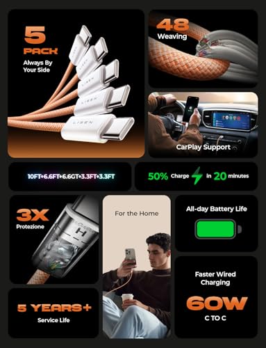 LISEN USB C Cable, 5-Pack [3.3/3.3/6.6/6.6/10FT] Orange for iPhone 17 Charger Cord, 60W C to C Cable Fast Charging for iPad, iPhone 17 Air 16 15 Pro Max, Samsung Z Flip 7/S25/S24 - color: Orange, size: 3.3+3.3+6.6+6.6+10FT