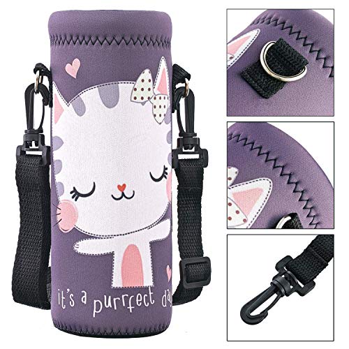 RICHEN Neoprene Water Bottle Carrier Bag with Adjustable Shoulder Strap,Insulated Water Bottle Cover for Stainless Steel/Glass/Plastic Bottles - color: Cute Cat, size: 500ml