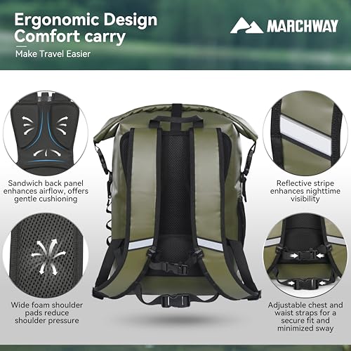 MARCHWAY Roll Top Waterproof Backpack, Floating Dry Bag 20L/30L/45L with Ergonomic Rectangular Base, Cushioned Back, Hip Strap for Hiking Camping Kayaking Travel (Army Green, 45L) - color: Army Green, size: 45L