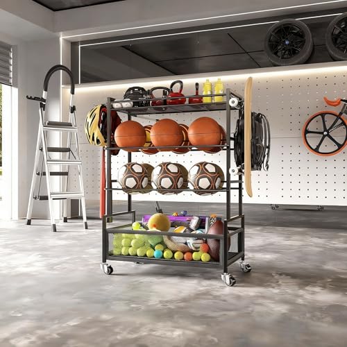 SOYEEZE Sports Equipment Organizer- Ball Storage for Garage,4 Tiers Outdoor Toy Storage,Soccer Racks,Basketball Shooting Training Stand Cart with Wheels and Hooks for Home-School and Gym Use - style: 4 Tiers