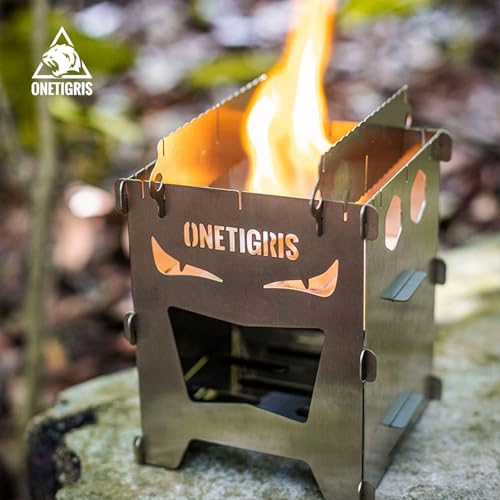 OneTigris Camping Backpacking Stove Portable Foldable Burning Wood Stove for Outdoor Hiking Picnic BBQ,Stainless Steel (Medium)