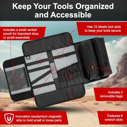 TUSK Delano Tool Roll - Roll-Up Tool Pouch Wrench Sturdy Organizer Tool kit Compatible with Harley, Enduro, Dirt Bike, UTV, and Motorcycle Accessories Gear,
