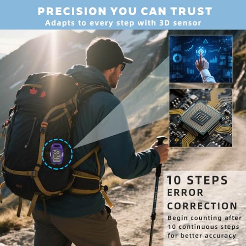 Clip-on 3D Pedometer for Walking Steps Counter with Lanyard, Simple Exercise Tracker for Women and Seniors with Large Accurate Digital Display, Portable Minimalist Sports Monitor - color: Purple
