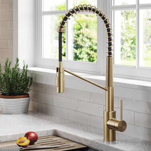 KRAUS Oletto Commercial Style Single Handle Pull Down Kitchen Faucet with QuickDock Top Mount Installation Assembly in Spot Free Antique Champagne Bronze, KPF-2631SFACB - color: Spot-Free Antique Champagne Bronze, style: Commercial Style Faucet