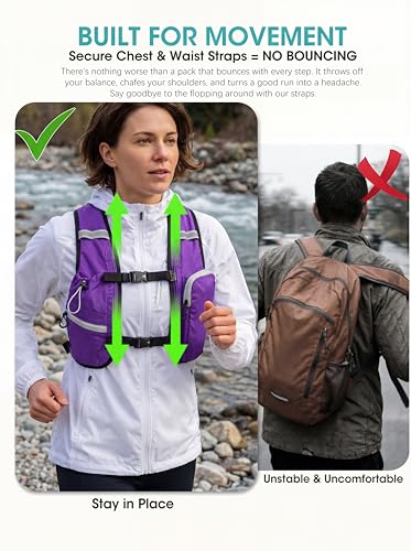 Foldable Small Hiking Backpack with 3 Strap Pockets – Lightweight 300D Spill-proof Daypack for Men Women – Packable Small Travel Backpack with Chest Strap & Trekking Pole Holder – Durable Outdoor Bag - color: Purple