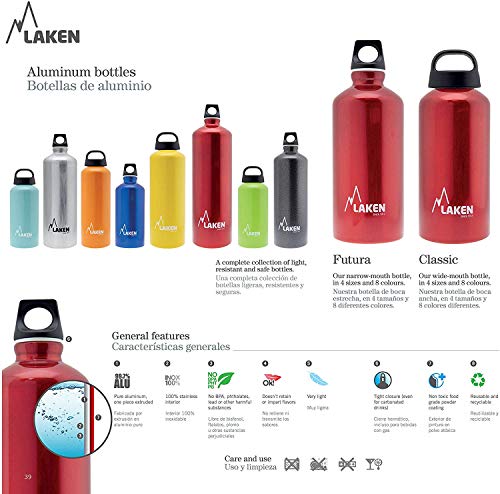 Laken Futura Aluminum Water Bottle - Narrow Mouth, Screw Cap with Loop - Leak-Proof, BPA Free, Made in Spain - 20oz, Blue - color: Blue, size: 20 Ounces