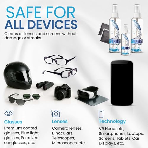 Purity Eyeglass Lens Cleaner Kit - 2 x 8oz and 1 x 2oz Lens Cleaner Spray Bottle + 2 Microfiber Cleaning Cloths - Safe for All Lenses (AR Coated Included), Eyeglasses and Screens - Clear - style: 5 Piece Set - 2 (8oz + 1 (2 Oz Lens Spray)) + 2 (Microfiber