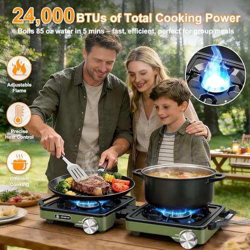 2-Burner Pro Camping Stove,24000 BTU Camp Stove,Foldable Propane Stove Includes Carry Bag,Windscreen Griddle, Portable Stove,Camping Essentials,Suitable For Outdoor Cooking,Tailgating,Grilling (Green)