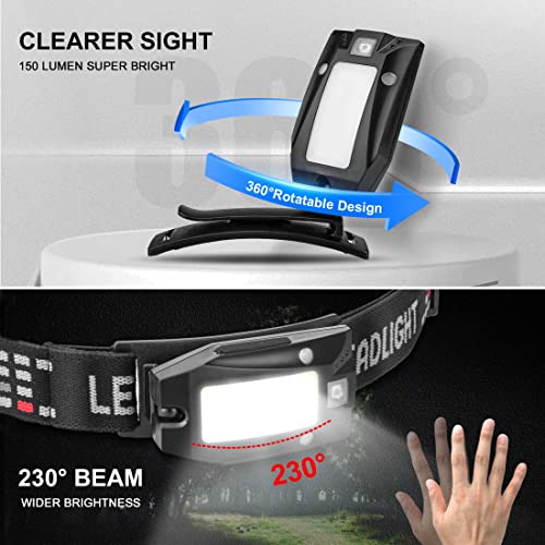HAUTMEC Headlamp Rechargeable LED Headlamps for Adults 230° Wide Beam with Adjustable Headband for 150 Lumens Head Lamp Waterproof Motion Sensor Head Lights for Running,Fishing,Hiking,Camping - color: 150 Lumens