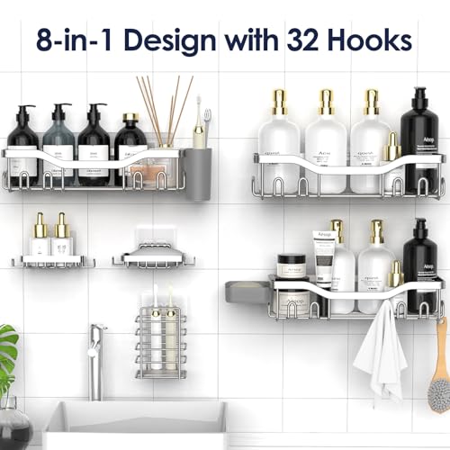 NESOMI Shower Caddy Adhesive Shower Organizer 8-Pack, Rustproof Stainless Steel Bathroom Shelves, Large Capacity No-Drill Rack Storage Accessories with Soap Dish Toothbrush Holder Hooks - color: Silver, size: 8-Piece Set